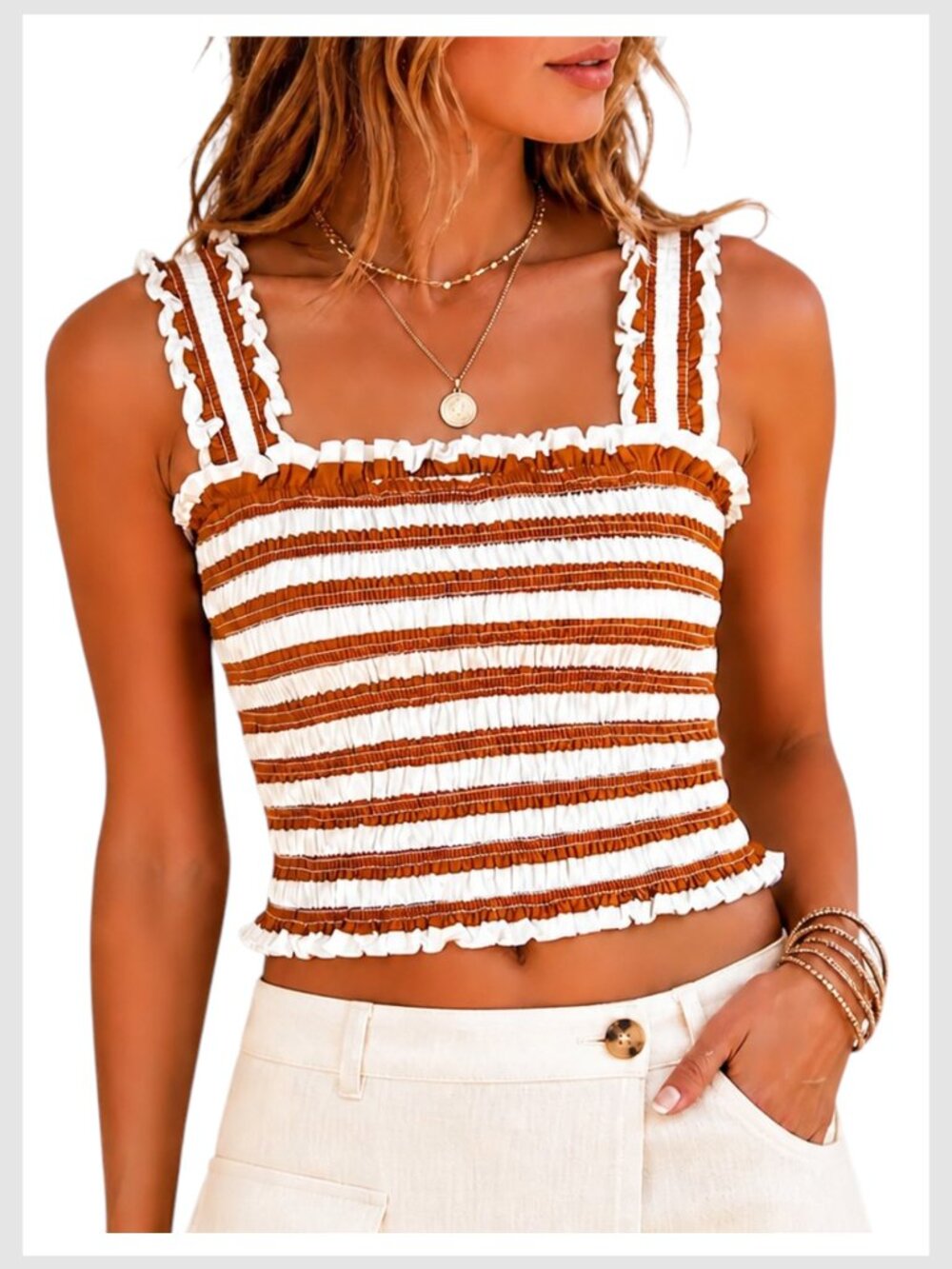 Veronica Beard Smocked Tank Sienna Ivory Stripe Ruffle Trim Top S